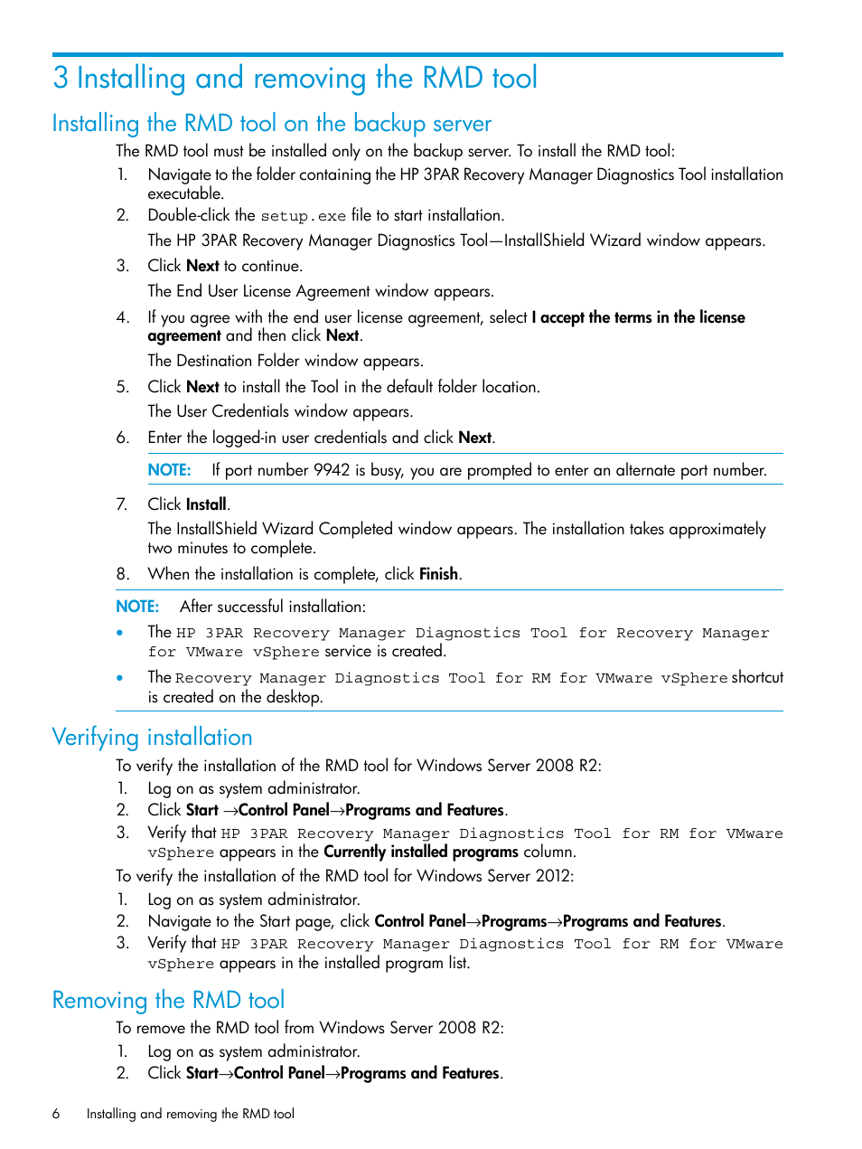 3 installing and removing the rmd tool, Installing the rmd tool on the backup server, Verifying installation | Removing the rmd tool | HP 3PAR Recovery Manager Software for VMware vSphere User Manual | Page 6 / 21