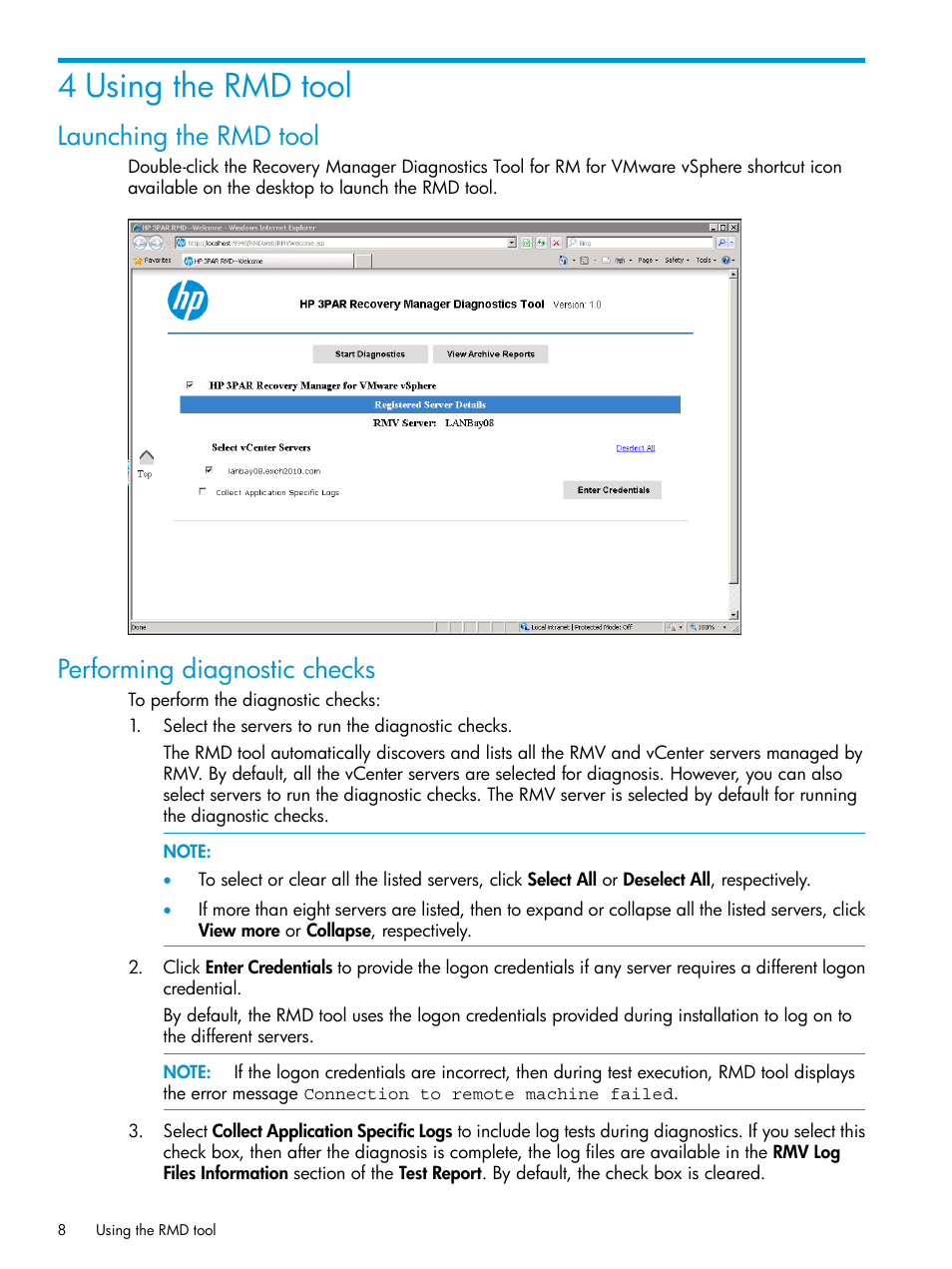 4 using the rmd tool, Launching the rmd tool, Performing diagnostic checks | HP 3PAR Recovery Manager Software for VMware vSphere User Manual | Page 8 / 21