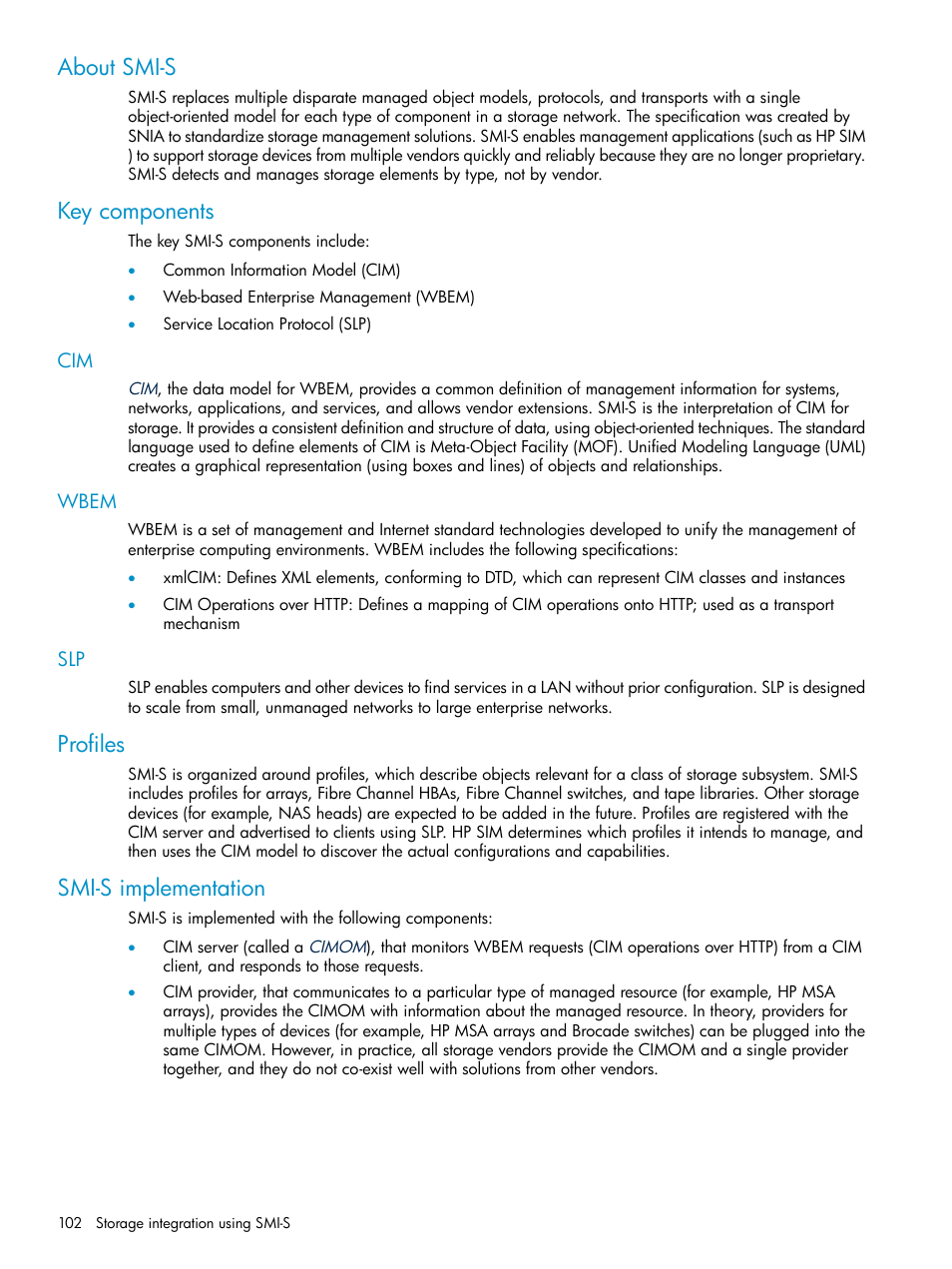 About smi-s, Key components, Wbem | Profiles, Smi-s implementation, About smi-s key components, Cim wbem slp, Profiles smi-s implementation | HP Systems Insight Manager User Manual | Page 102 / 178