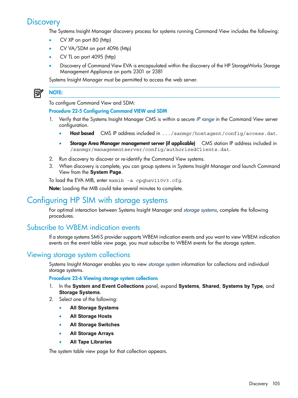Discovery, Configuring hp sim with storage systems, Subscribe to wbem indication events | Viewing storage system collections, Discovery configuring hp sim with storage systems | HP Systems Insight Manager User Manual | Page 105 / 178