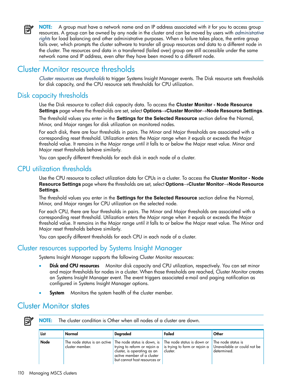 Cluster monitor resource thresholds, Disk capacity thresholds, Cpu utilization thresholds | Cluster monitor states | HP Systems Insight Manager User Manual | Page 110 / 178