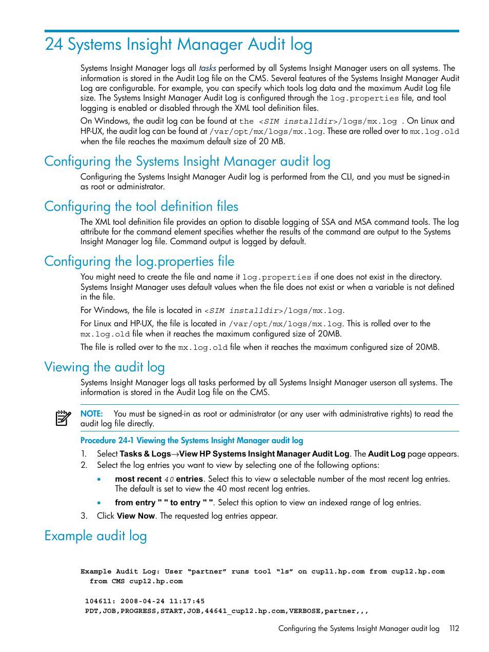 24 systems insight manager audit log, Configuring the systems insight manager audit log, Configuring the tool definition files | Configuring the log.properties file, Viewing the audit log, Example audit log | HP Systems Insight Manager User Manual | Page 112 / 178