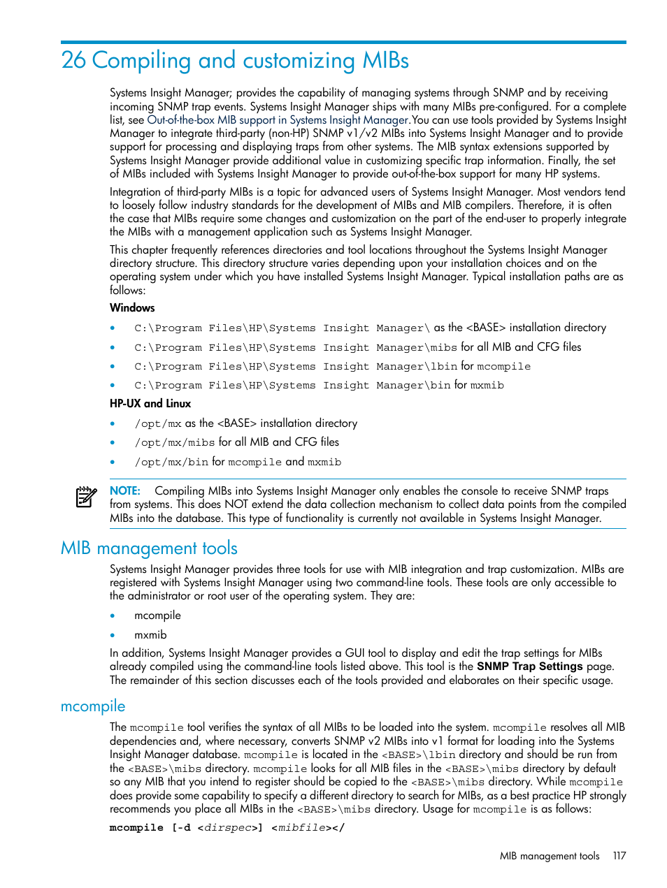 26 compiling and customizing mibs, Mib management tools, Mcompile | HP Systems Insight Manager User Manual | Page 117 / 178