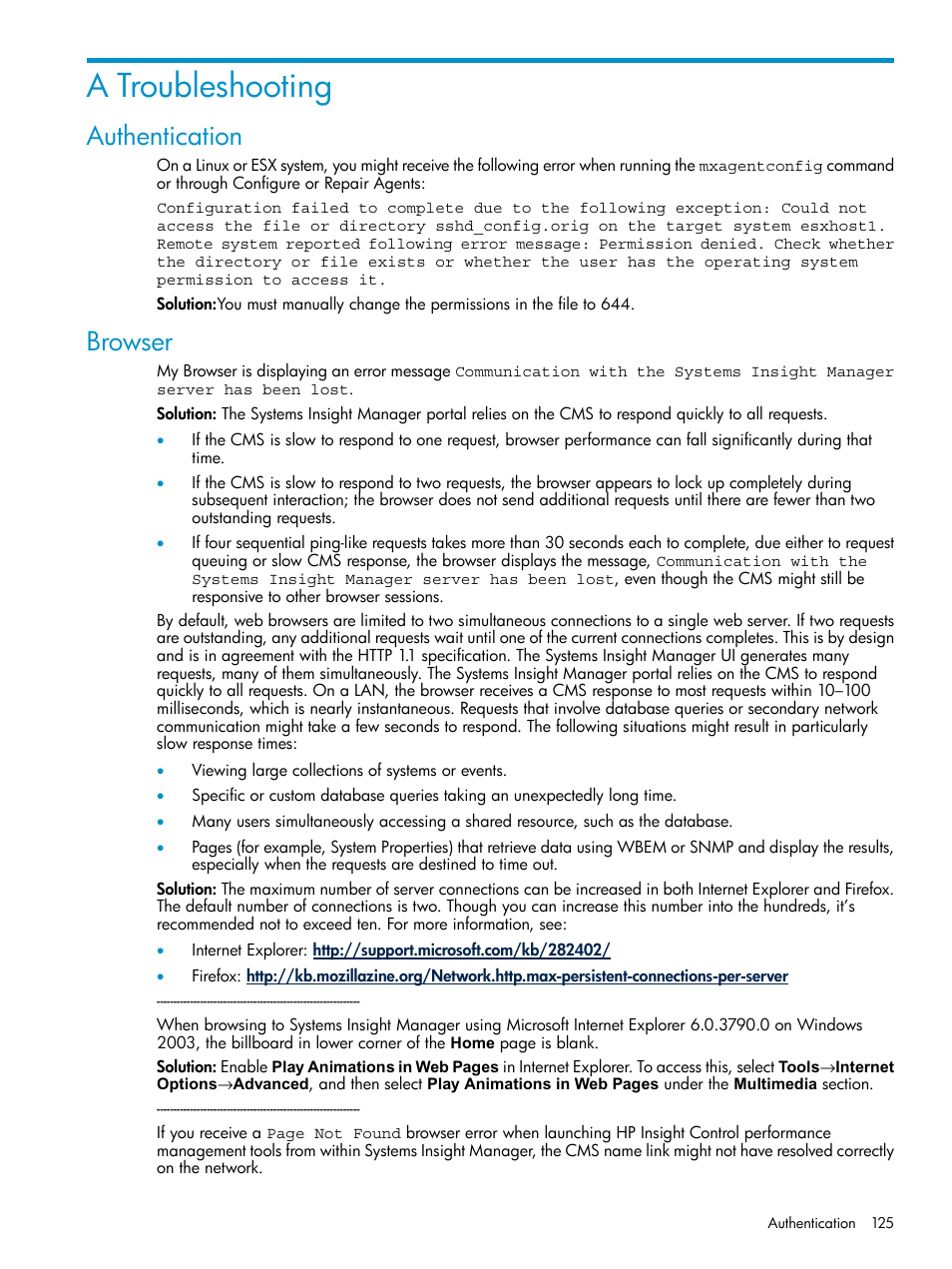 A troubleshooting, Authentication, Browser | Authentication browser | HP Systems Insight Manager User Manual | Page 125 / 178