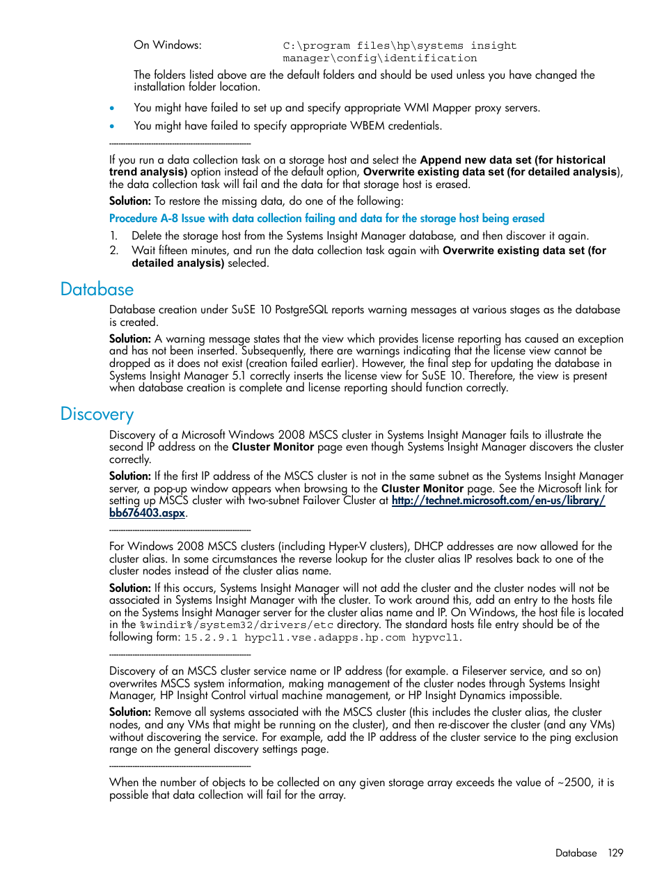 Database, Discovery, Database discovery | HP Systems Insight Manager User Manual | Page 129 / 178