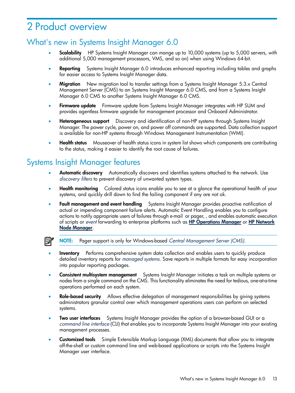 2 product overview, What's new in systems insight manager 6.0, Systems insight manager features | HP Systems Insight Manager User Manual | Page 13 / 178