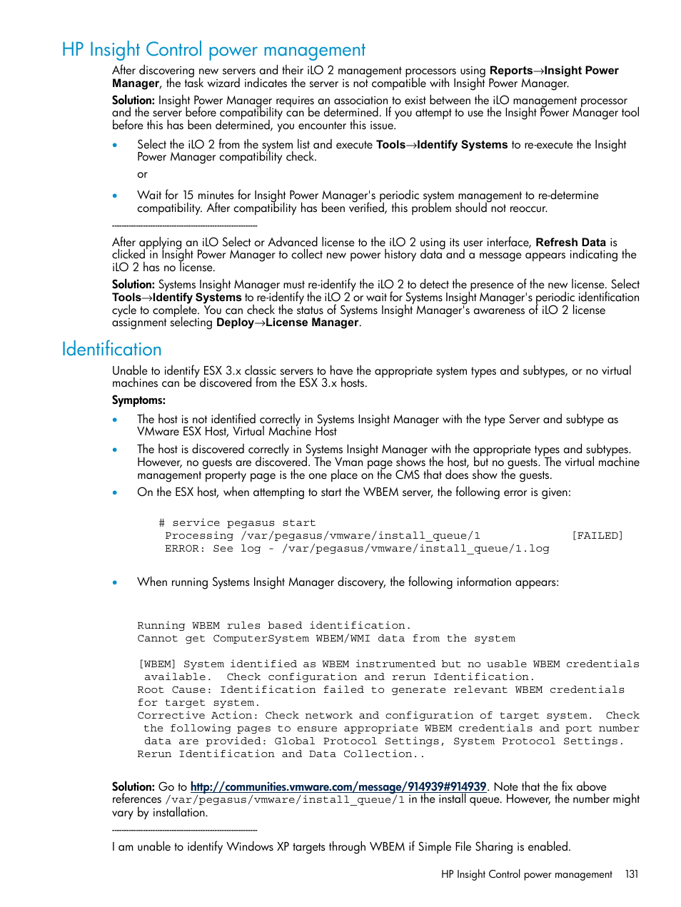 Hp insight control power management, Identification, Hp insight control power management identification | HP Systems Insight Manager User Manual | Page 131 / 178