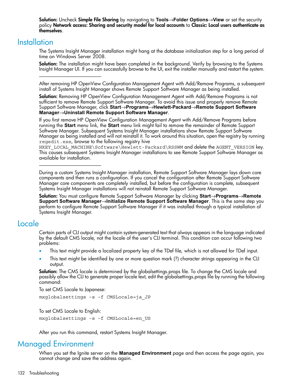 Installation, Locale, Managed environment | Installation locale managed environment | HP Systems Insight Manager User Manual | Page 132 / 178
