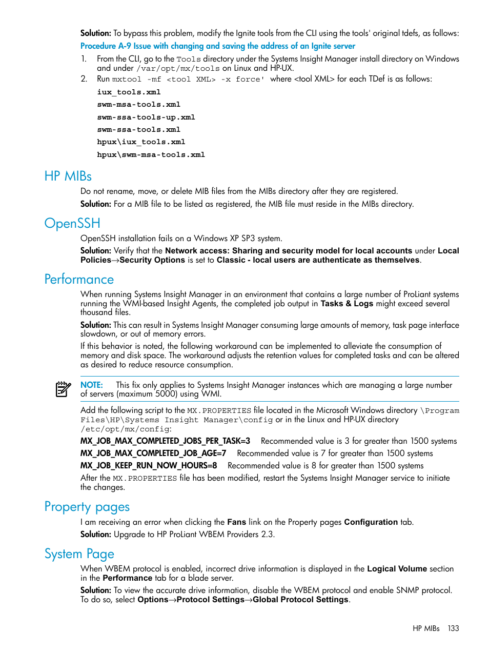 Hp mibs, Openssh, Performance | Property pages, System page | HP Systems Insight Manager User Manual | Page 133 / 178