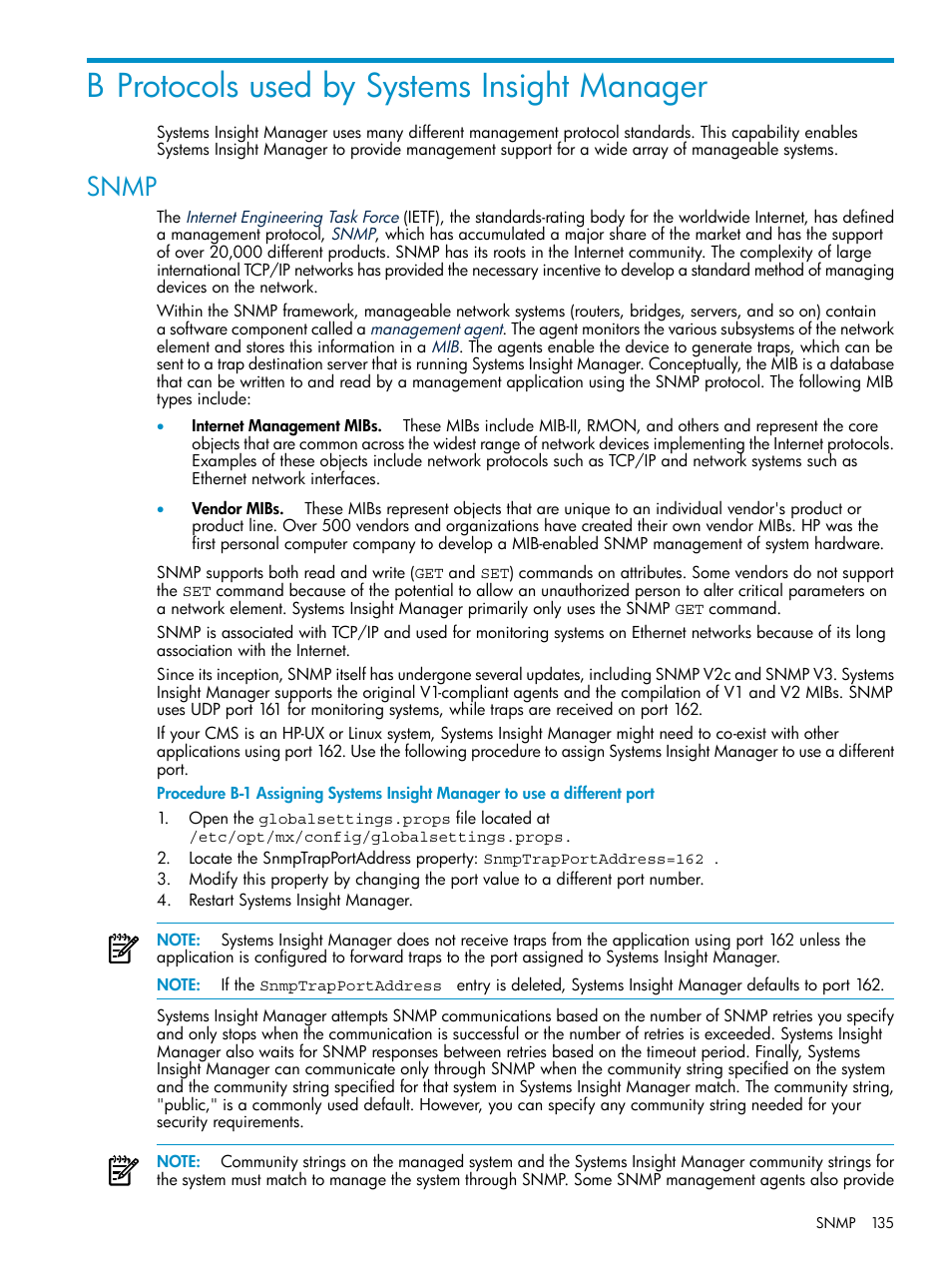 B protocols used by systems insight manager, Snmp | HP Systems Insight Manager User Manual | Page 135 / 178