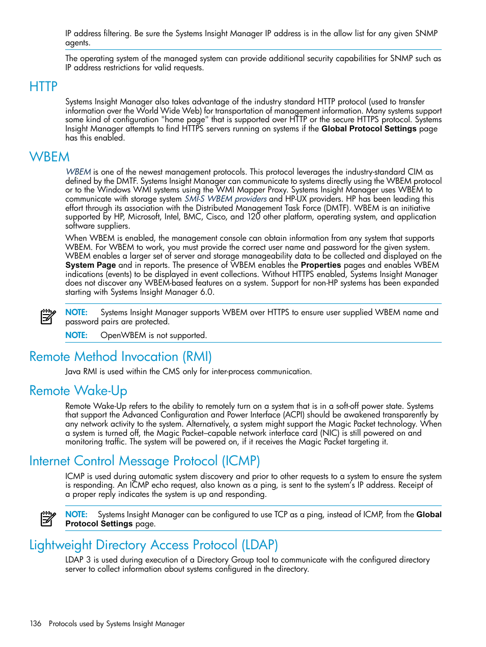 Http, Wbem, Remote method invocation (rmi) | Remote wake-up, Internet control message protocol (icmp), Lightweight directory access protocol (ldap) | HP Systems Insight Manager User Manual | Page 136 / 178