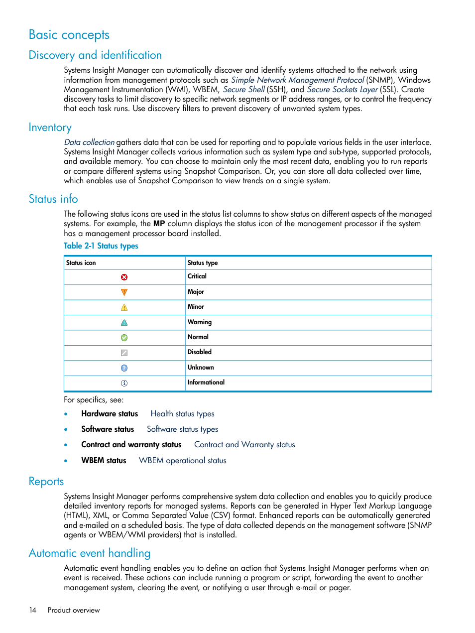 Basic concepts, Discovery and identification, Inventory | Status info, Reports, Automatic event handling, Status types | HP Systems Insight Manager User Manual | Page 14 / 178