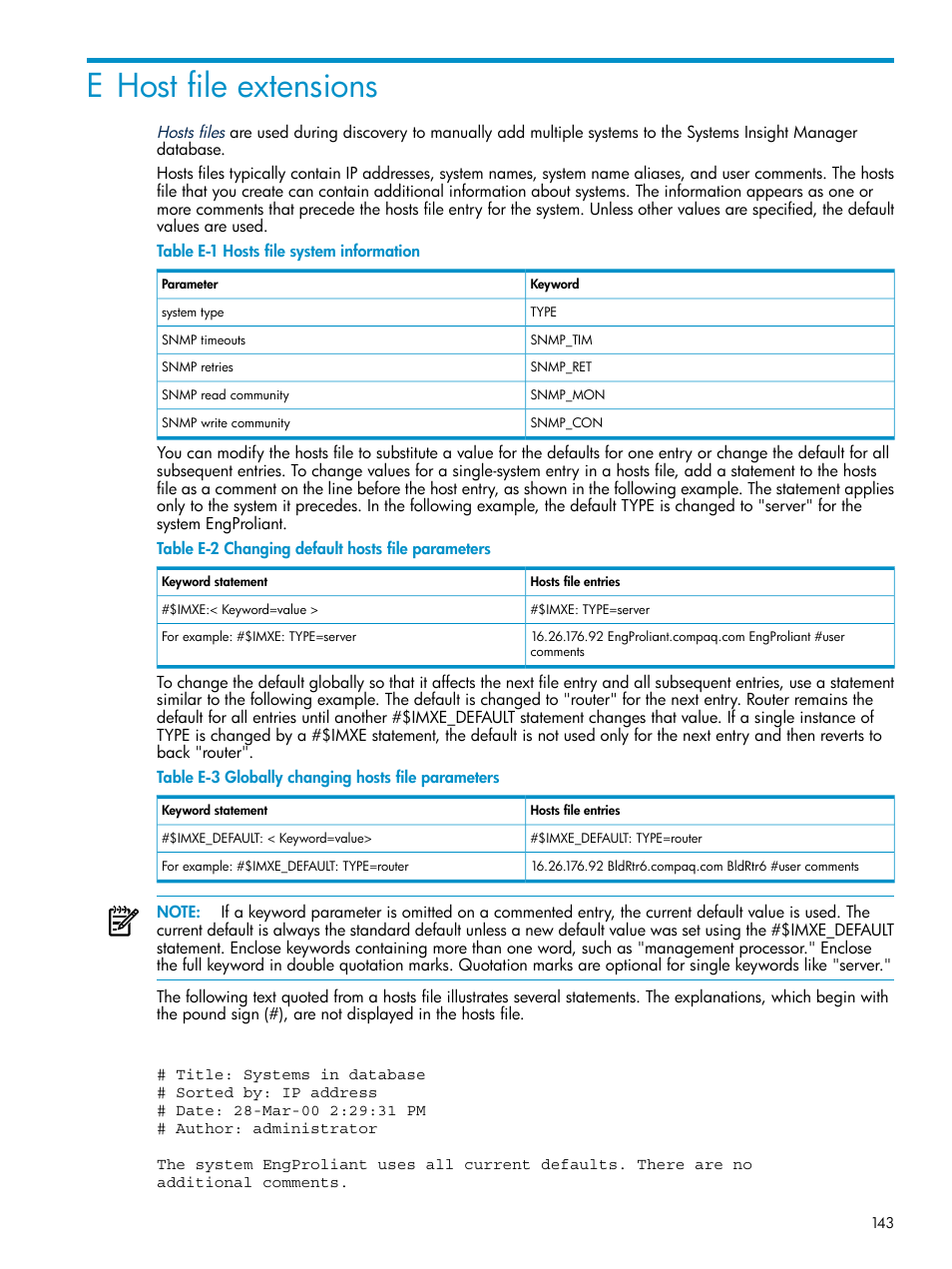 E host file extensions, Hosts file system information, Changing default hosts file parameters | Globally changing hosts file parameters | HP Systems Insight Manager User Manual | Page 143 / 178