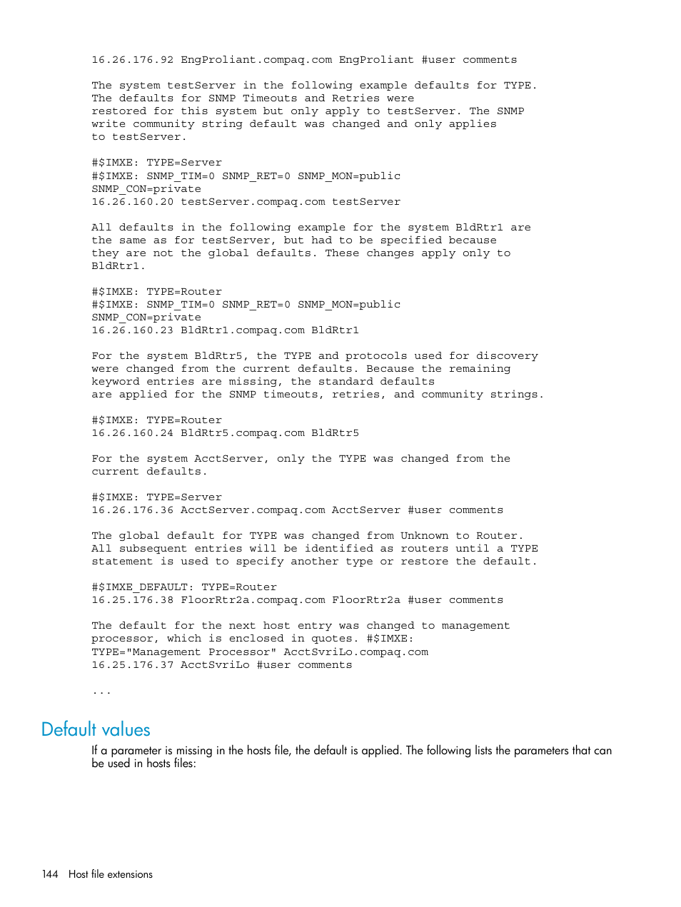 Default values | HP Systems Insight Manager User Manual | Page 144 / 178