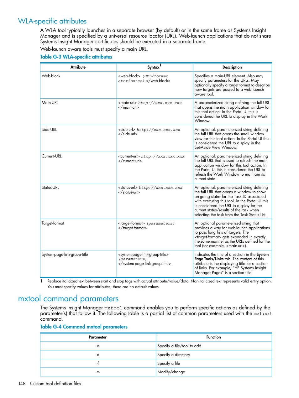 Wla-specific attributes, Mxtool command parameters, Command mxtool parameters | HP Systems Insight Manager User Manual | Page 148 / 178