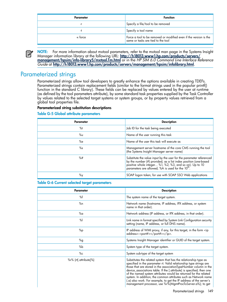 Parameterized strings, Global attribute parameters, Current selected target parameters | Parameterized, Strings | HP Systems Insight Manager User Manual | Page 149 / 178