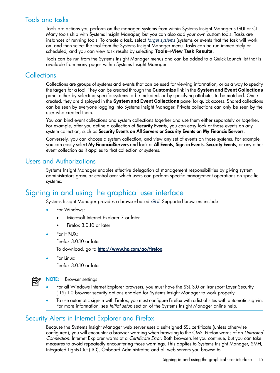 Tools and tasks, Collections, Users and authorizations | Signing in and using the graphical user interface, Security alerts in internet explorer and firefox | HP Systems Insight Manager User Manual | Page 15 / 178