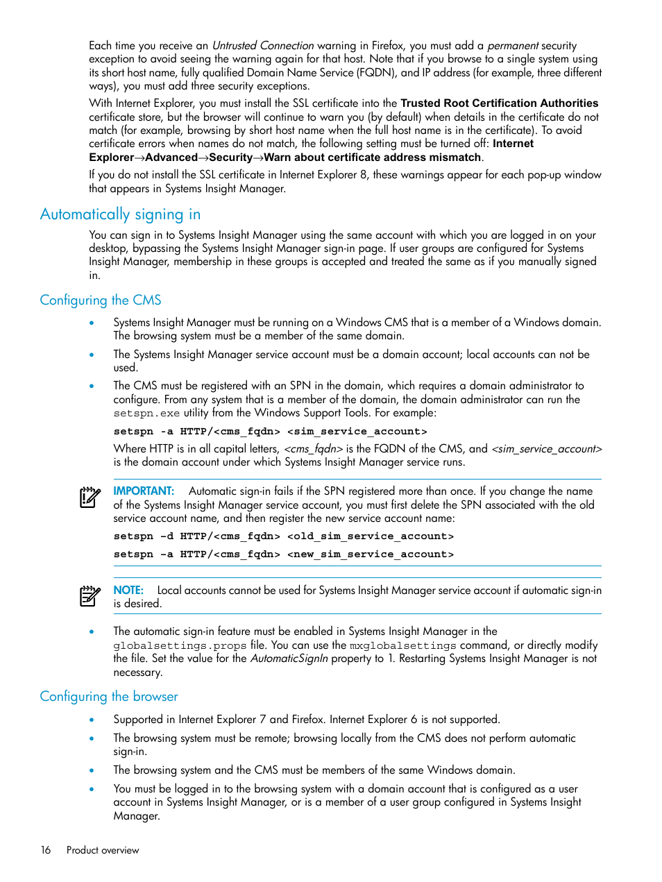 Automatically signing in, Configuring the cms, Configuring the browser | Configuring the cms configuring the browser | HP Systems Insight Manager User Manual | Page 16 / 178