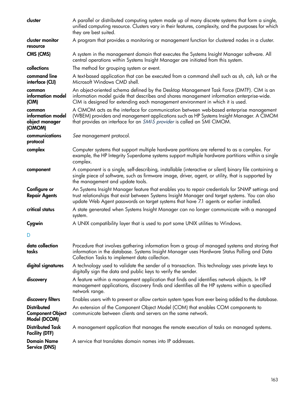 Collections, Discovery filters, Central management server (cms) | Command line interface, Data collection, Cluster, Collection, Cimom, Cluster resources, Component | HP Systems Insight Manager User Manual | Page 163 / 178