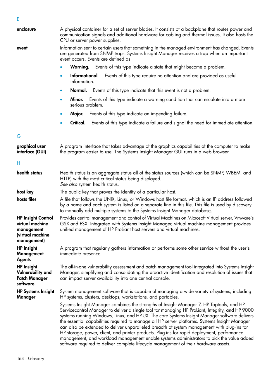 Graphical user interface, Event, Health | Status, Hp insight, Management agents, Enclosure, Events | HP Systems Insight Manager User Manual | Page 164 / 178