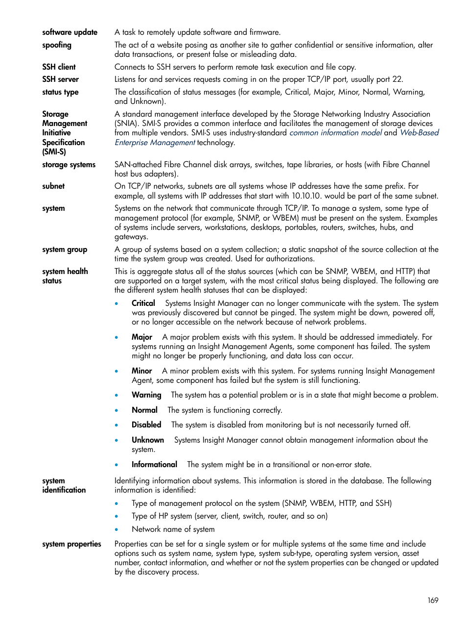 System health status, System, Health status | System properties, Systems, Ssh client, Software updates, The health status | HP Systems Insight Manager User Manual | Page 169 / 178