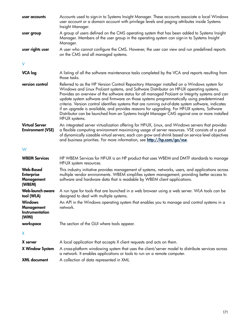 Workspace, Wbem services, User groups | User account, User rights, Version control, Vca logs | HP Systems Insight Manager User Manual | Page 171 / 178
