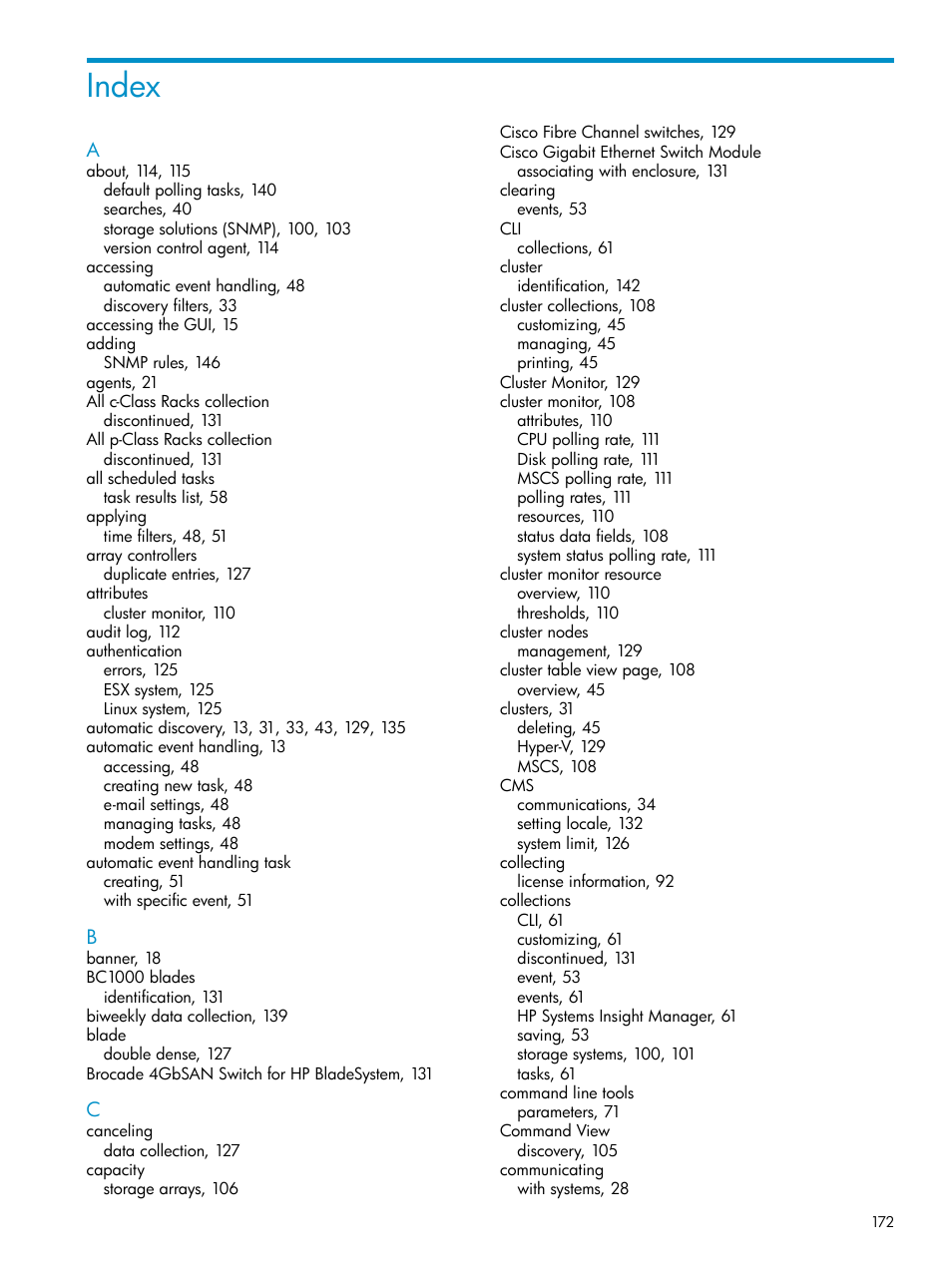 Index | HP Systems Insight Manager User Manual | Page 172 / 178