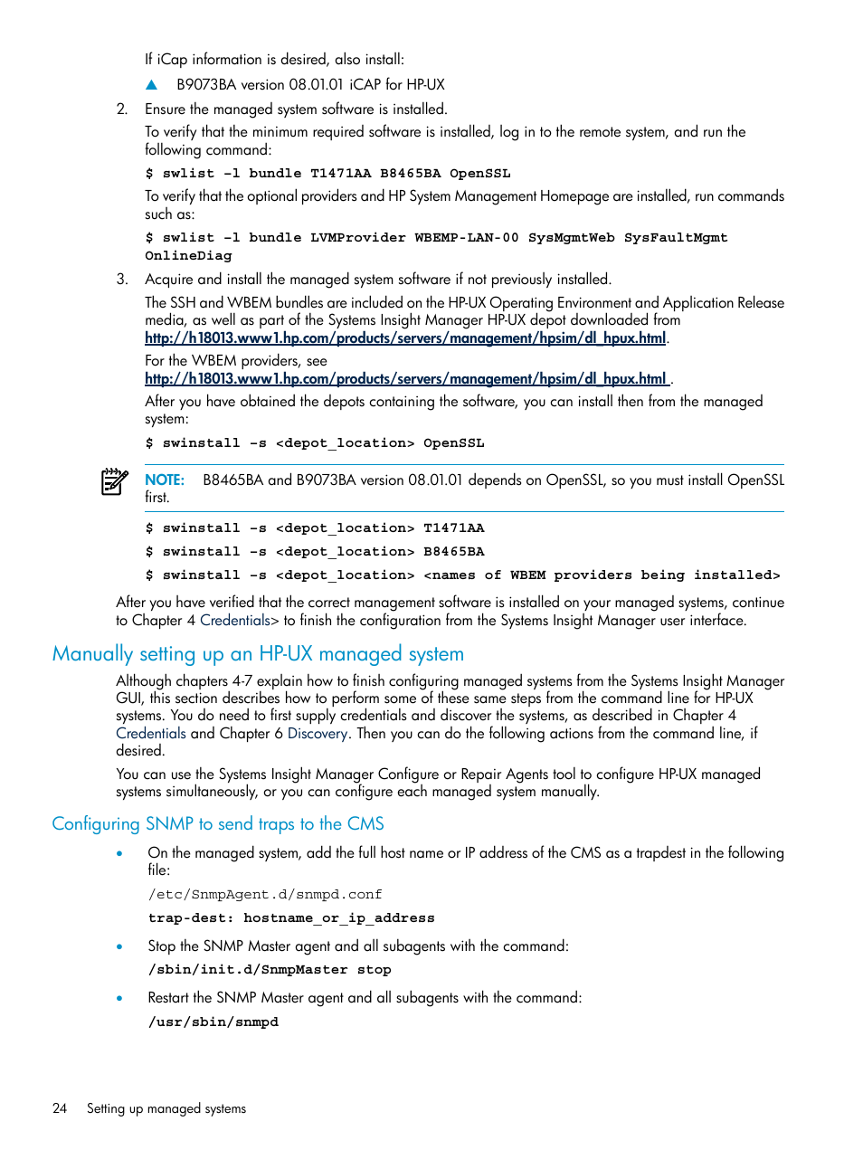 Manually setting up an hp-ux managed system, Configuring snmp to send traps to the cms | HP Systems Insight Manager User Manual | Page 24 / 178