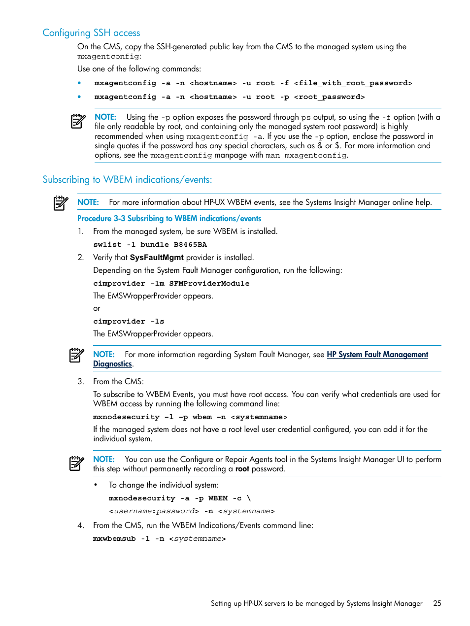 Configuring ssh access, Subscribing to wbem indications/events | HP Systems Insight Manager User Manual | Page 25 / 178