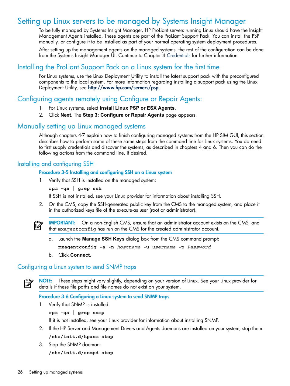 Manually setting up linux managed systems, Installing and configuring ssh, Configuring a linux system to send snmp traps | HP Systems Insight Manager User Manual | Page 26 / 178