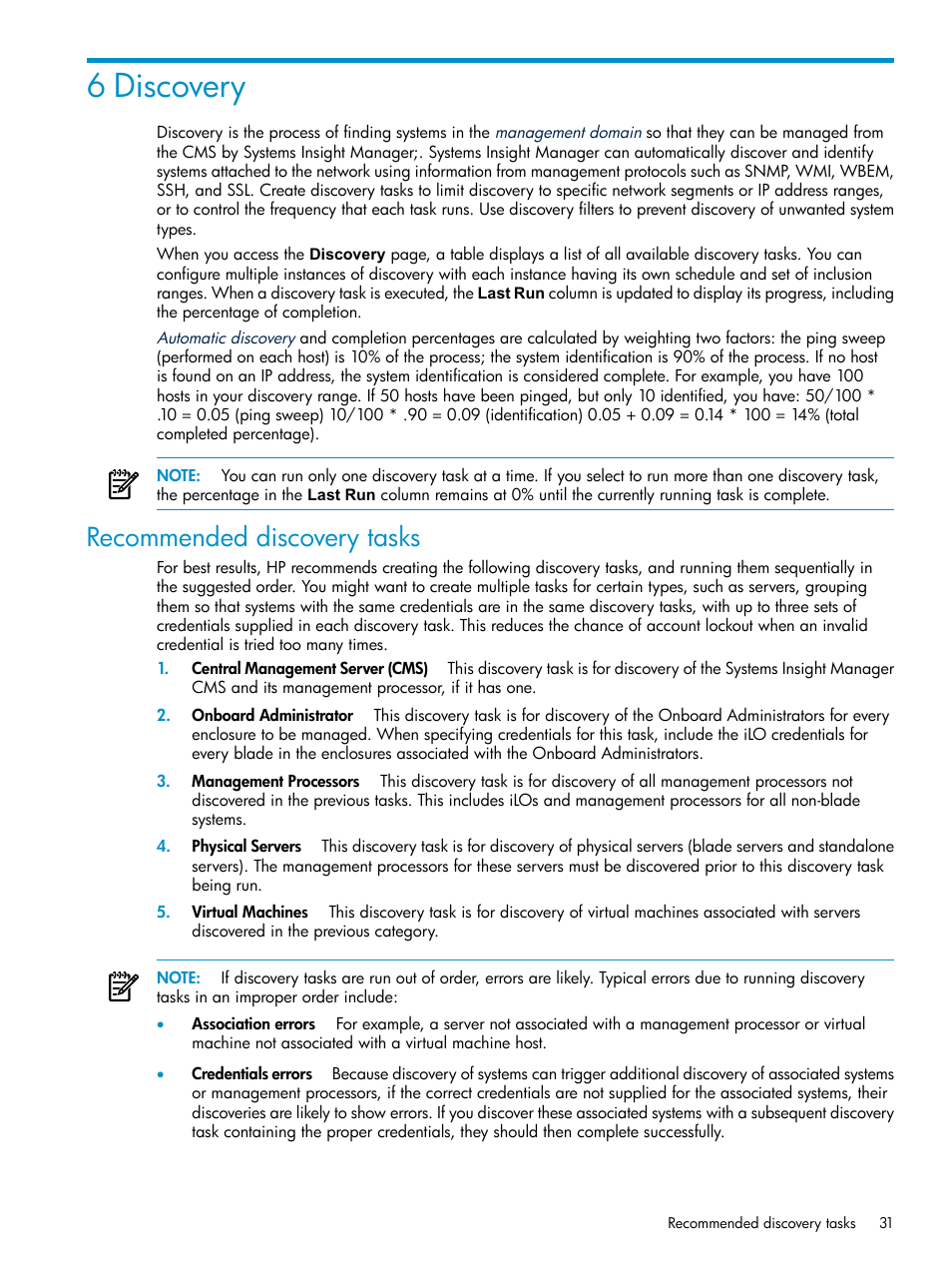 6 discovery, Recommended discovery tasks, Discovery | HP Systems Insight Manager User Manual | Page 31 / 178
