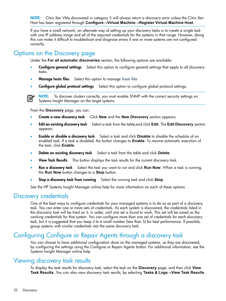 Discovery credentials, Viewing discovery task results, Options on the discovery page | HP Systems Insight Manager User Manual | Page 32 / 178