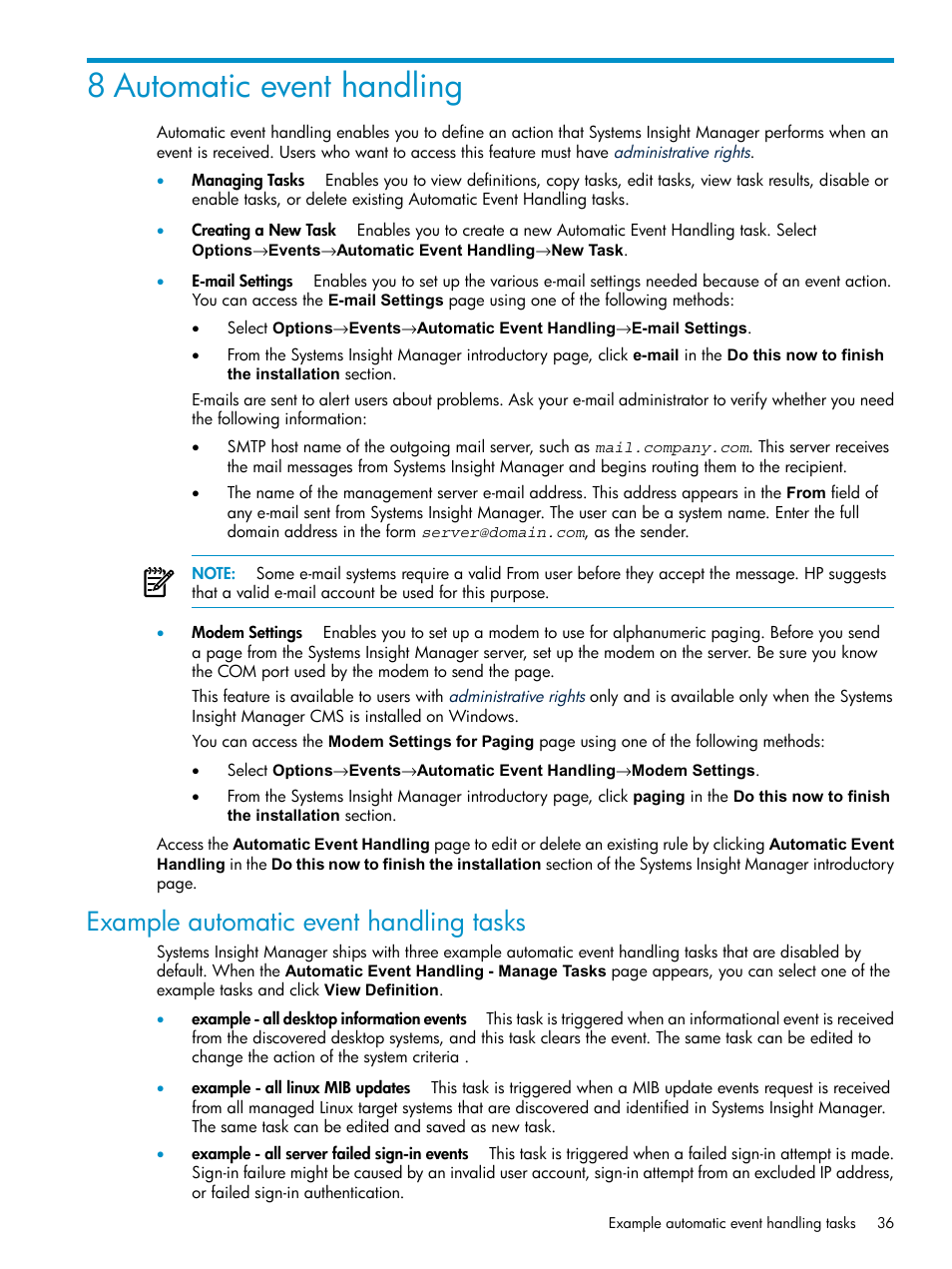 8 automatic event handling, Example automatic event handling tasks | HP Systems Insight Manager User Manual | Page 36 / 178