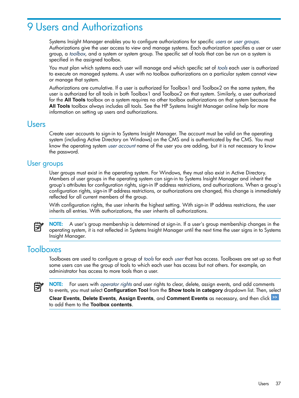 9 users and authorizations, Users, User groups | Toolboxes | HP Systems Insight Manager User Manual | Page 37 / 178