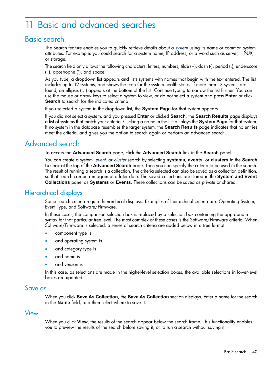 11 basic and advanced searches, Basic search, Advanced search | Hierarchical displays, Save as, View, Basic search advanced search, Hierarchical displays save as view | HP Systems Insight Manager User Manual | Page 40 / 178