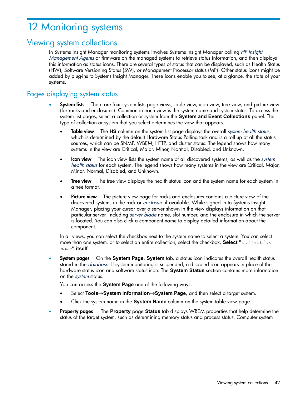 12 monitoring systems, Viewing system collections, Pages displaying system status | HP Systems Insight Manager User Manual | Page 42 / 178