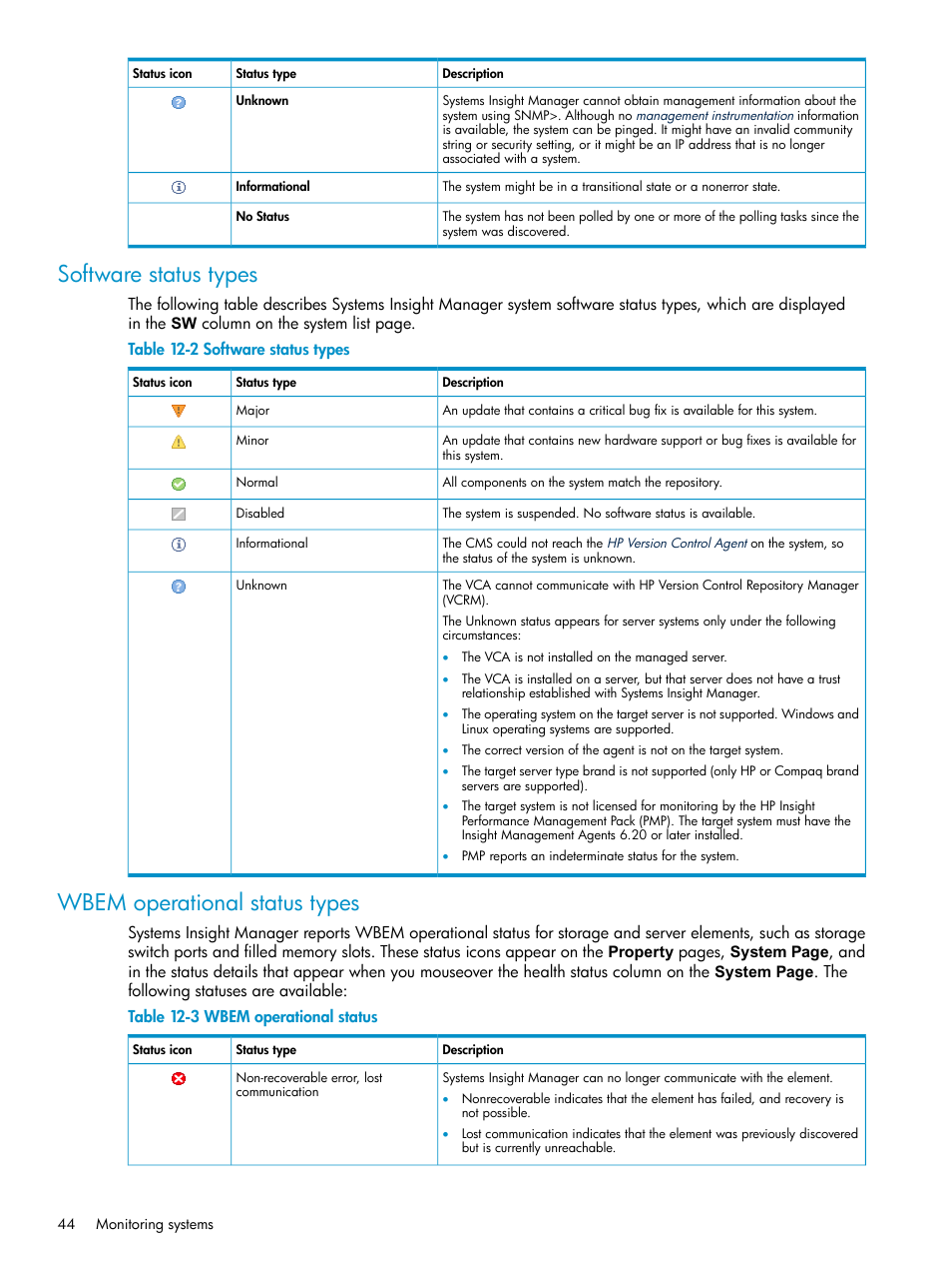 Software status types, Wbem operational status types, Wbem operational status | HP Systems Insight Manager User Manual | Page 44 / 178