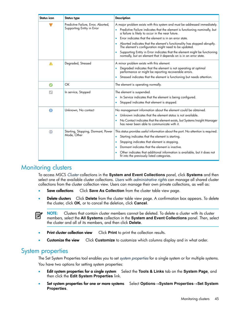 Monitoring clusters, System properties, Monitoring clusters system properties | HP Systems Insight Manager User Manual | Page 45 / 178