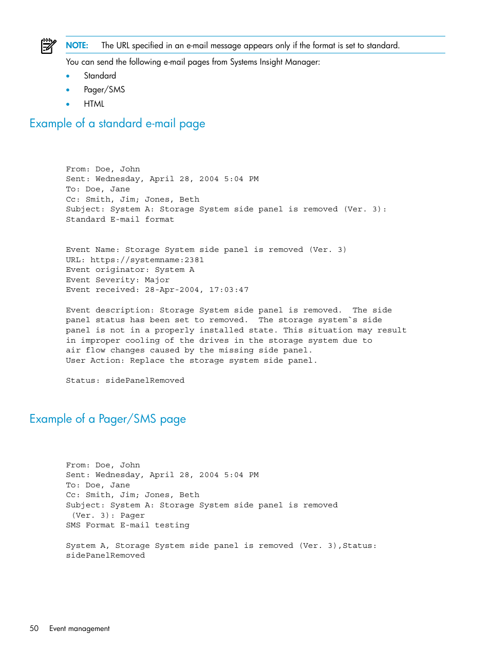 Example of a standard e-mail page, Example of a pager/sms page | HP Systems Insight Manager User Manual | Page 50 / 178