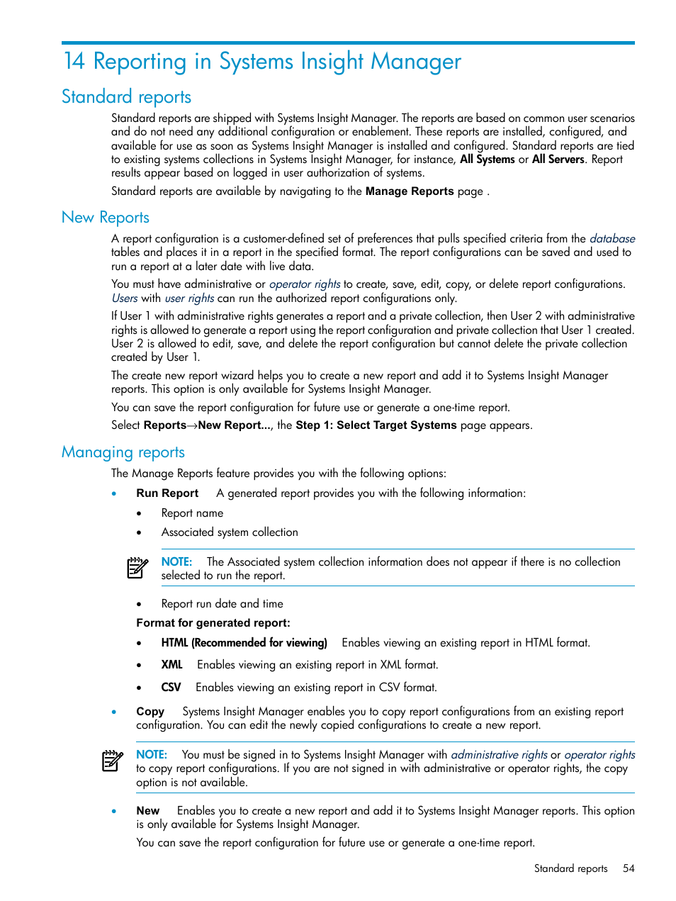 14 reporting in systems insight manager, Standard reports, New reports | Managing reports, New reports managing reports | HP Systems Insight Manager User Manual | Page 54 / 178