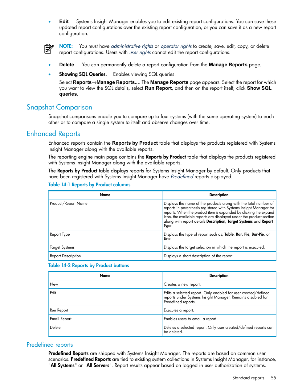 Snapshot comparison, Enhanced reports, Predefined reports | Snapshot comparison enhanced reports, Reports by product columns, Reports by product buttons | HP Systems Insight Manager User Manual | Page 55 / 178