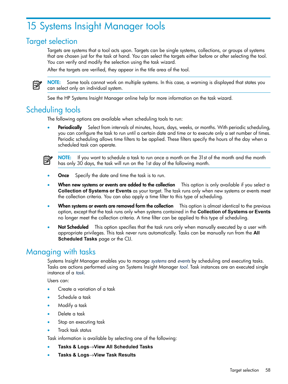 15 systems insight manager tools, Target selection, Scheduling tools | Managing with tasks, Scheduling tools managing with tasks | HP Systems Insight Manager User Manual | Page 58 / 178