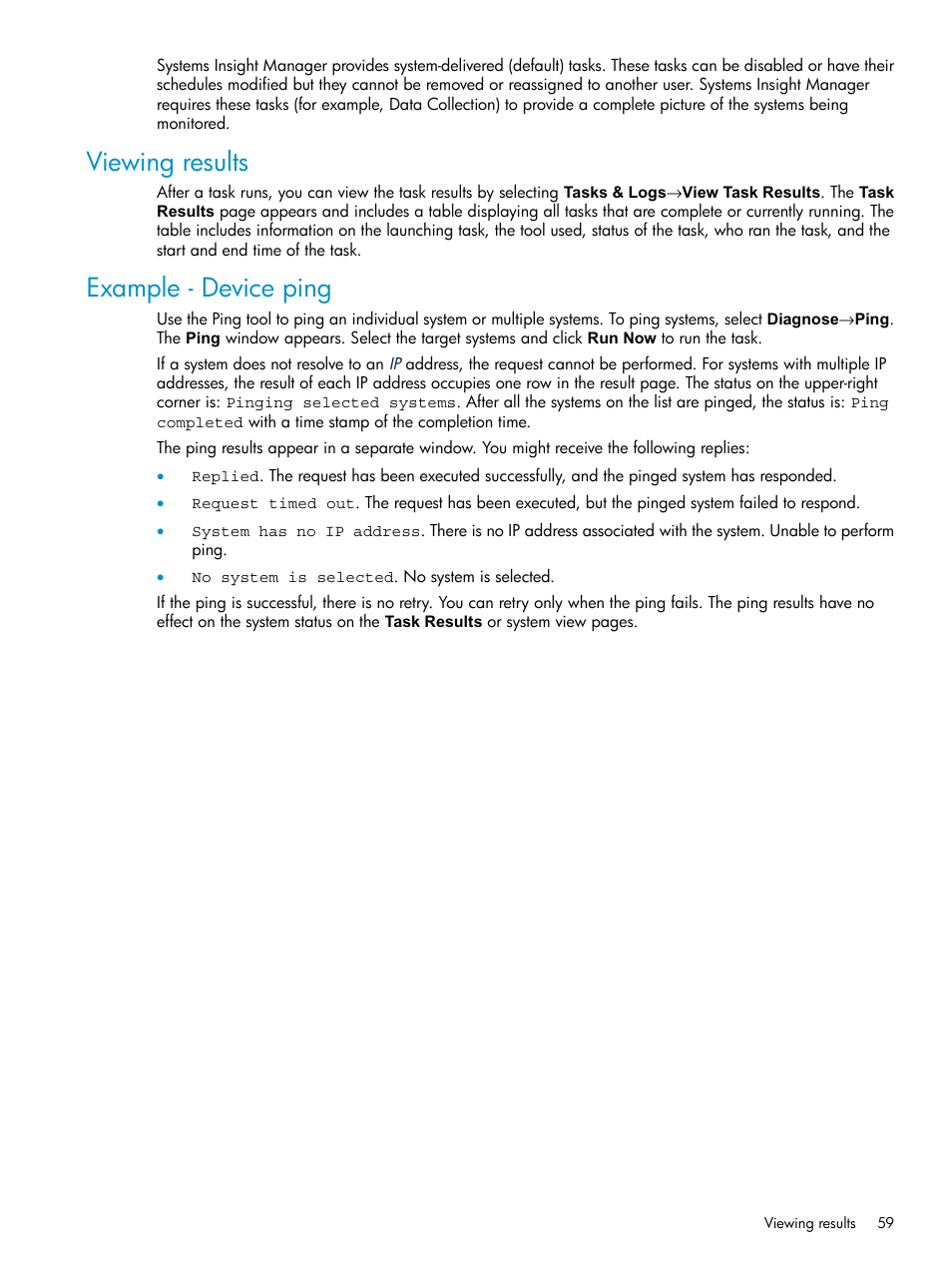 Viewing results, Example - device ping, Viewing results example - device ping | HP Systems Insight Manager User Manual | Page 59 / 178