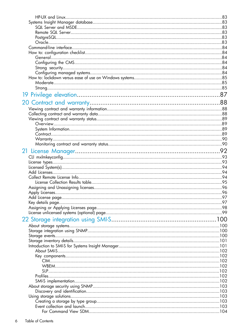 19 privilege elevation 20 contract and warranty, 21 license manager, 22 storage integration using smi-s | HP Systems Insight Manager User Manual | Page 6 / 178