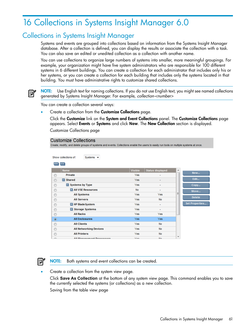 16 collections in systems insight manager 6.0, Collections in systems insight manager | HP Systems Insight Manager User Manual | Page 61 / 178