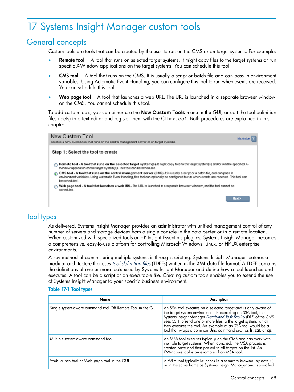 17 systems insight manager custom tools, General concepts, Tool types | HP Systems Insight Manager User Manual | Page 68 / 178