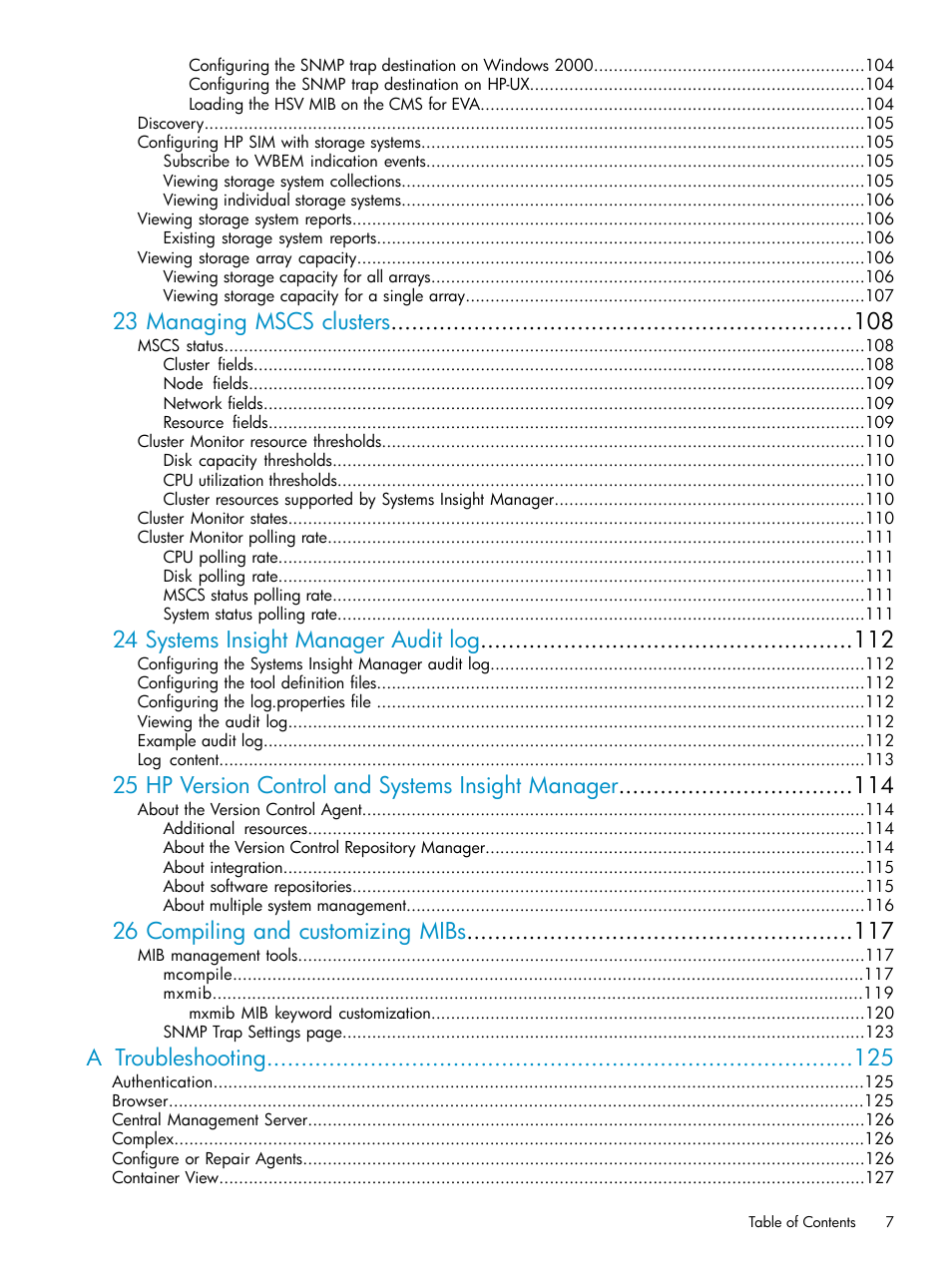 23 managing mscs clusters, 24 systems insight manager audit log, 25 hp version control and systems insight manager | 26 compiling and customizing mibs, A troubleshooting | HP Systems Insight Manager User Manual | Page 7 / 178