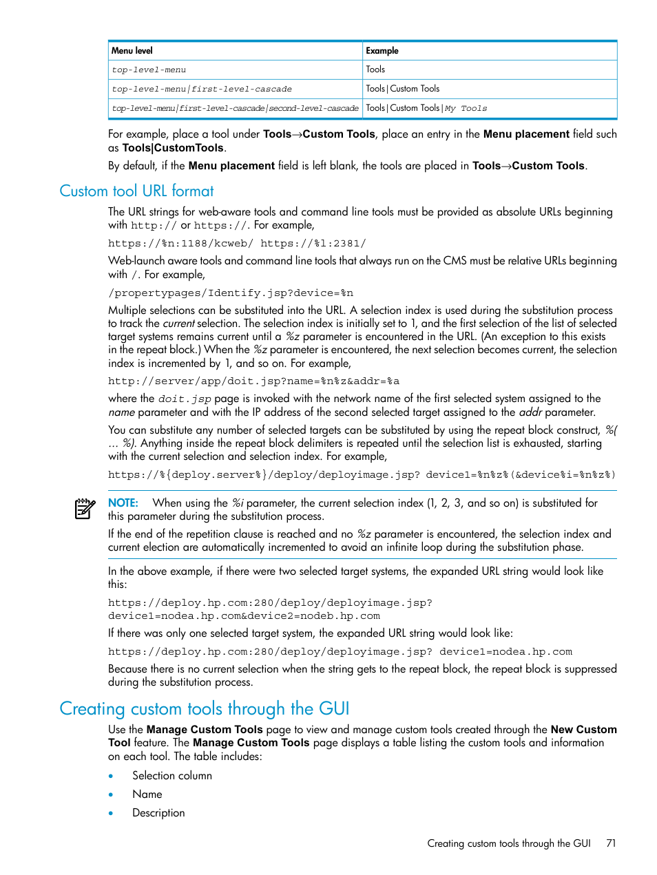Custom tool url format, Creating custom tools through the gui | HP Systems Insight Manager User Manual | Page 71 / 178
