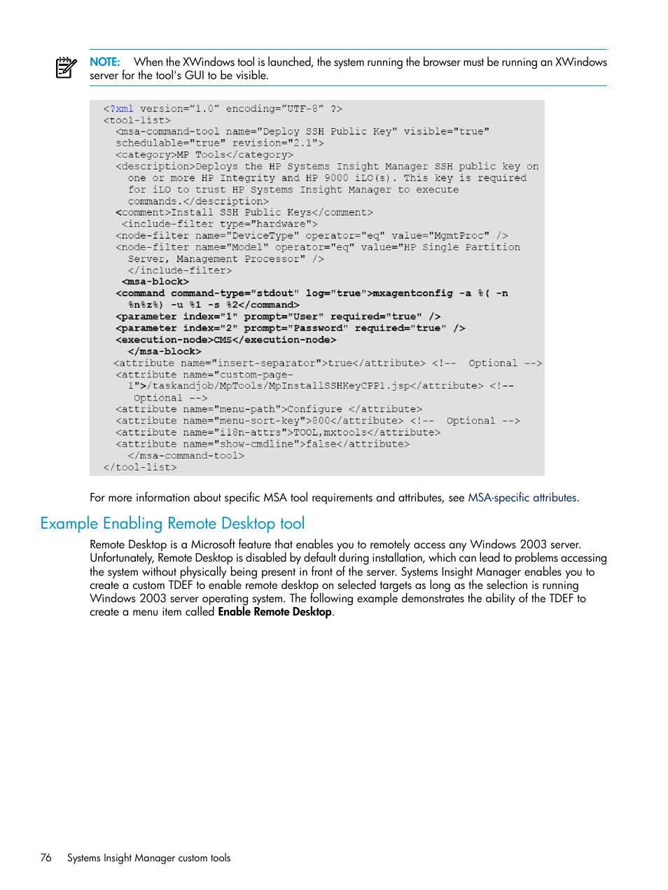 Example enabling remote desktop tool | HP Systems Insight Manager User Manual | Page 76 / 178
