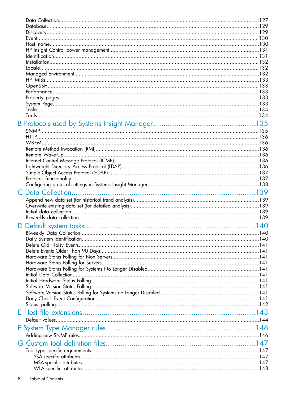 B protocols used by systems insight manager, C data collection, D default system tasks | E host file extensions, F system type manager rules, G custom tool definition files | HP Systems Insight Manager User Manual | Page 8 / 178